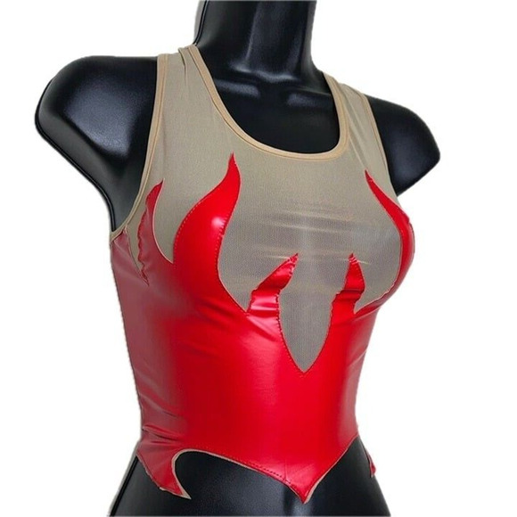 New XS Red Flame Vegan Leather Top Sleeveless Mesh Y2K Stretchy Sexy Devil Satan - Picture 2 of 5